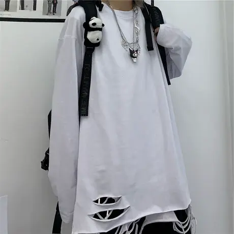 打底衫女早秋2023新款韩版ins百搭白色长袖上衣宽松破洞内搭T恤潮图片