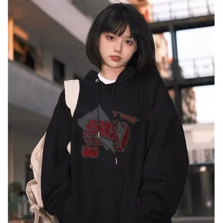 美式复古hiphop潮牌卫衣女春秋薄款oversize慵懒风连帽小个子外套商品大图