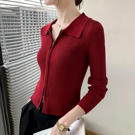 复古红色卫衣外套女2023初秋chic双头拉链polo领针织开衫毛衣叠穿图片