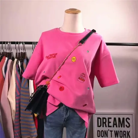 短袖t恤女夏装2021新款韩版ins潮刺绣字母宽松中长款半袖内搭上衣商品大图