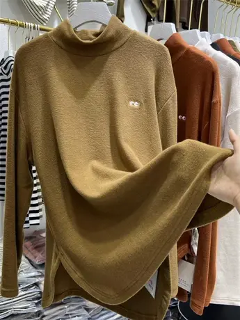 刺绣双面磨毛澳绒半高领T恤女秋冬新厚实中长款内搭打底衫遮屁股图片