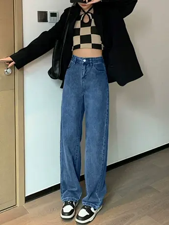 薄款小个子阔腿牛仔裤女春秋2023新款高腰宽松直筒显瘦蓝拖地裤子商品大图