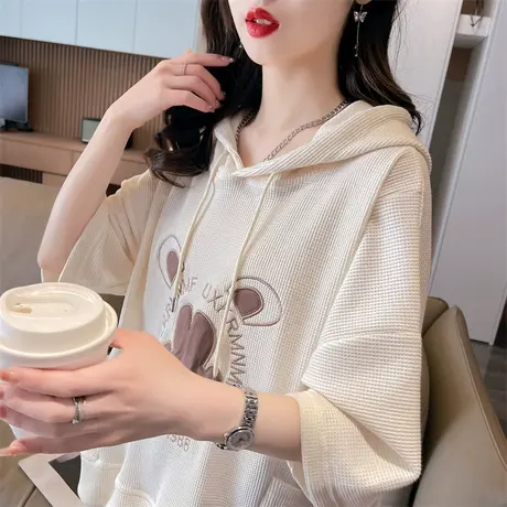 连帽短袖t恤女夏季韩版宽松大码设计感小众华夫格小个子半袖上衣图片