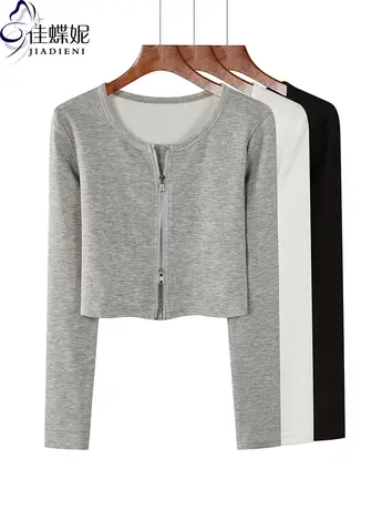 秋冬季圆领德绒修身短款开衫双拉链长袖体恤上衣内搭打底衫女装商品大图