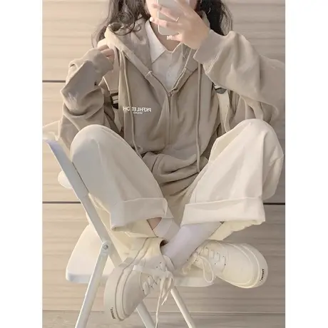 高级感超好看连帽卫衣女春秋薄款宽松慵懒风美式复古开衫拉链外套商品大图