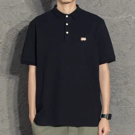 皮标男士polo衫韩版纯色2022新款潮流潮牌修身翻领t恤男短袖港风商品大图