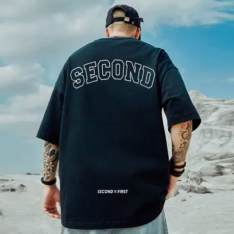 高街潮牌宽松T恤简约短袖男加肥加大五分袖纯棉肥佬大码男装夏季商品大图