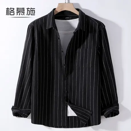 格慕施亚麻长袖衬衫条纹男装休闲大码宽松棉麻料衬衣春秋装寸衫男图片