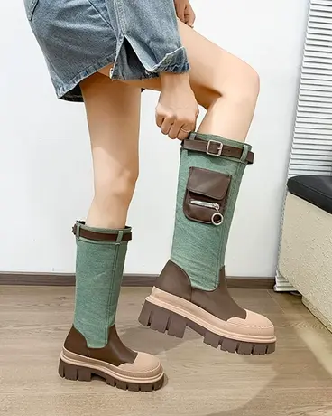 厚底不过膝长筒靴女2023年新款牛仔贝壳头工装靴瘦瘦靴骑士靴子潮图片