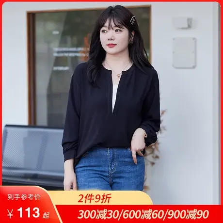 显瘦大码胖MM套头假两件上衣女2024春装新休闲宽松长袖T恤打底衫商品大图