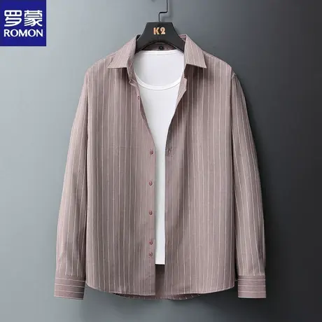 罗蒙长袖男衬衫2024年春季无痕垂感衣服商务休闲条纹抗皱弹力衬衣图片