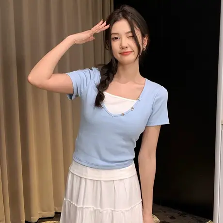 尔给短袖t恤女2024新款夏季设计感拼接假两件短款上衣女时尚洋气商品大图