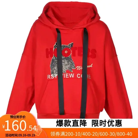 【艾格】2023春季新款女卫衣绒衫短款抽绳印花街头宽松连帽上衣潮商品大图