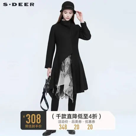 sdeer圣迪奥冬季时尚立领不规则拼接长款千金毛呢大衣女S20481826图片