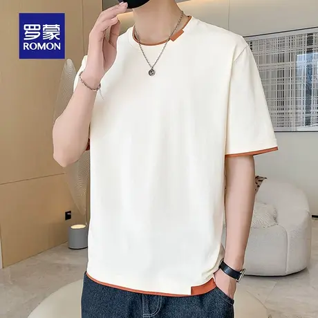 罗蒙男士纯棉短袖T恤夏季薄款假两件休闲圆领半袖体恤冰丝上衣服图片