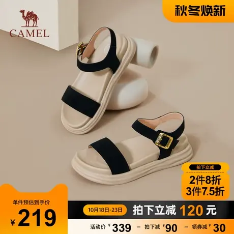 骆驼女鞋2023夏季新款平底一字带凉鞋时尚厚底真皮厚底休闲凉鞋女商品大图