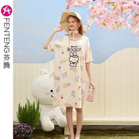 芬腾布朗熊睡裙女纯棉短袖睡衣夏季薄款可爱卡通宽松中长裙家居服商品大图