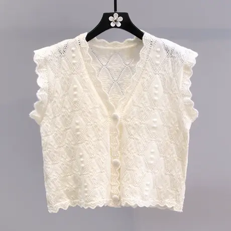小清新钩花镂空针织马甲女夏季2023年新款设计感无袖毛衣背心外套图片
