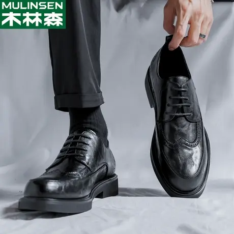 木林森男士休闲皮鞋2024新款英伦风商务正装德比鞋布洛克真皮男鞋商品大图