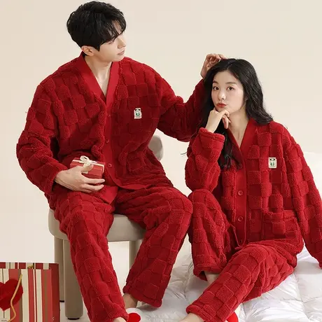 结婚本命年红色珊瑚绒睡衣女冬季加厚加绒保暖开衫情侣家居服套装商品大图