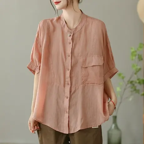 dza 复古工装口袋苎麻衬衫女2023夏纯色衬衣休闲宽松棉麻开衫上衣商品大图