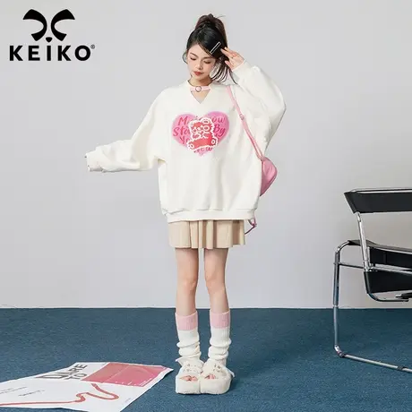 KEIKO 设计感心形印花卫衣女2023秋季甜酷辣妹宽松慵懒风长袖上衣商品大图