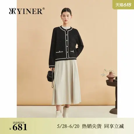 YINER音儿女装秋季法式优雅时尚圆领钉珠扣饰亮片针织开衫图片