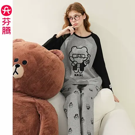 芬腾睡衣女春秋季长袖纯棉套装可爱卡通布朗熊大码宽松全棉家居服商品大图