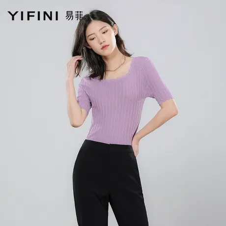 Yifini/易菲修身合体显瘦U型领短袖针织衫女薄款夏新小衫上衣商品大图