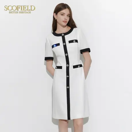 Scofield女装撞色圆领短袖连衣裙通勤优雅长裙子夏季裙子图片