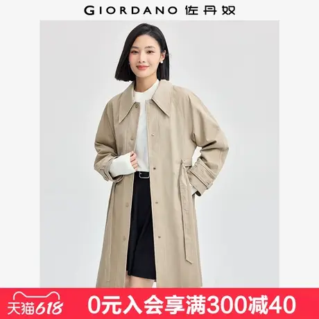 佐丹奴长款外套女纯棉磨毛通勤腰带尖领插肩宽松休闲夹克05374687图片