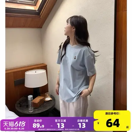 yoe短袖t恤女上衣夏季新款圆领纯棉体恤蓝色休闲女装刺绣小狗简约商品大图