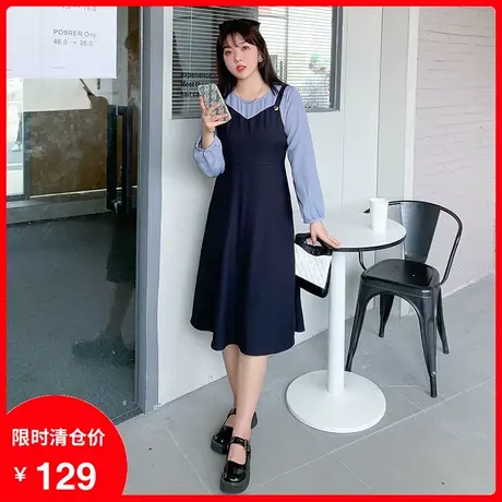 2023早秋季新款气质显瘦遮腹胖MM大码连衣裙中长款拼接撞色假两件商品大图