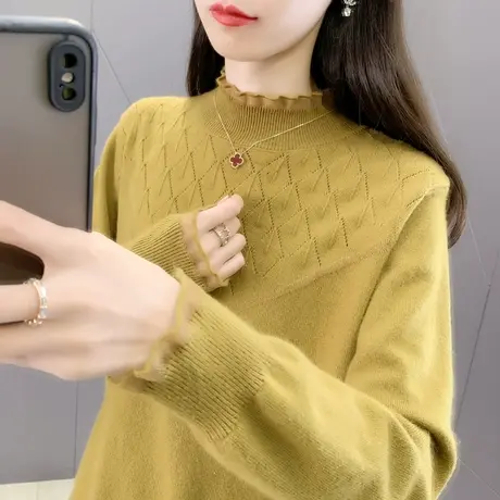 秋冬女士半高领毛衣女新款2023爆款设计感小众针织打底衫纯色上衣图片