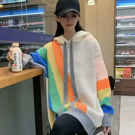 2023年新款复古慵懒风彩虹条毛衣连帽衫女秋冬季设计感小众打底衫商品大图