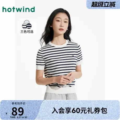 热风针织衫短袖上衣2025年春季新款女士圆领针织衫韩系条纹上衣女商品大图