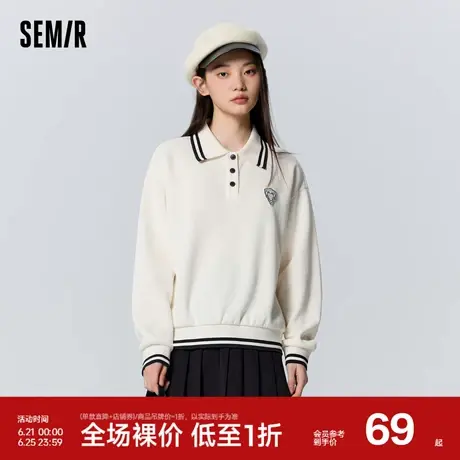 森马卫衣女polo领学院风宽松打底衫冬季绣花撞色抓绒上衣温柔时尚图片