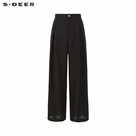 sdeer圣迪奥女装复古高腰松紧拼接压褶阔腿长裤S24280824商品大图