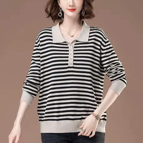 妈妈春秋翻领长袖T恤宽松加肥加大码女装中年休闲条纹针织打底衫商品大图