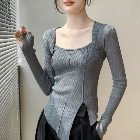 法式方领针织打底衫女早秋新品长袖修身开叉不规则设计感小众上衣商品大图