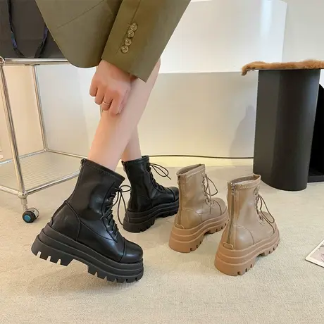 马丁靴女鞋2023年新款弹力靴瘦瘦靴厚底松糕增高小个子系带机车靴图片