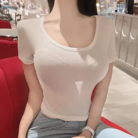 值得入 QN168女人味性感U领显身材 微透短袖T恤se商品大图