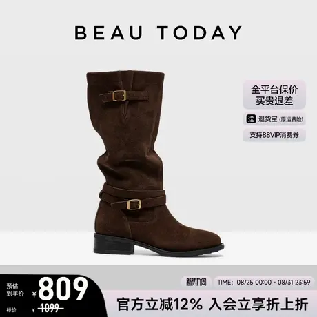 BeauToday复古骑士靴女2025新款秋冬粗跟皮带扣高筒靴真皮时装靴图片