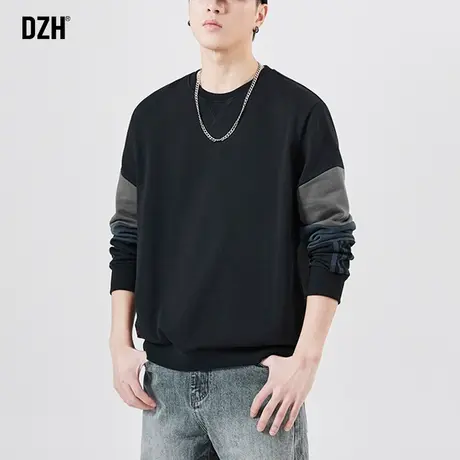 男士黑色卫衣男圆领拼接撞色潮流百搭上衣春秋款2023高街大码衣服商品大图