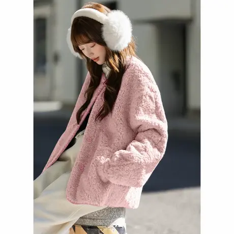 唐狮秋冬季仿羊羔毛外套女圆领小香风厚款外套白色温柔淑女风TMTA商品大图