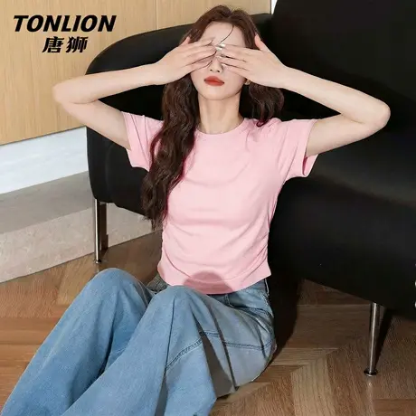 唐狮官方粉色正肩短袖t恤女夏季2026新款小个子收腰抽褶上衣女VB商品大图
