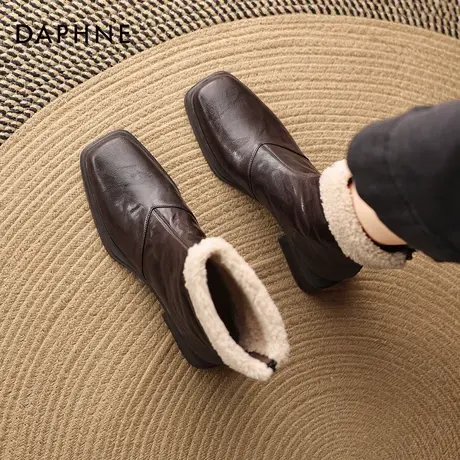 达芙妮粗跟短靴女2026新款冬季加绒方头马丁靴法式瘦瘦靴切尔西靴商品大图