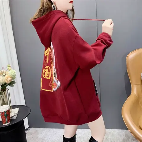 红色加绒加厚连帽卫衣女中长款2022年新款秋冬爆款宽松中国风外套商品大图