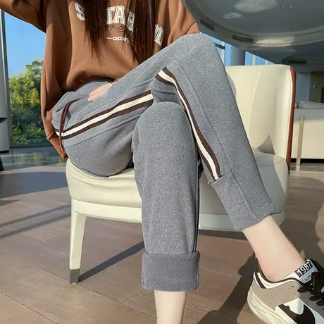 灰色加绒束脚直筒运动裤女秋冬新款休闲高腰显瘦防风裤竖条纹卫裤图片