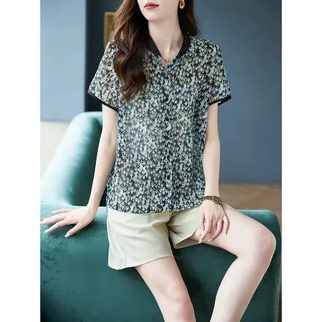 宝诗黎翻领碎花雪纺衬衫女夏季短袖休闲衬衣2023新款宽松洋气上衣商品大图